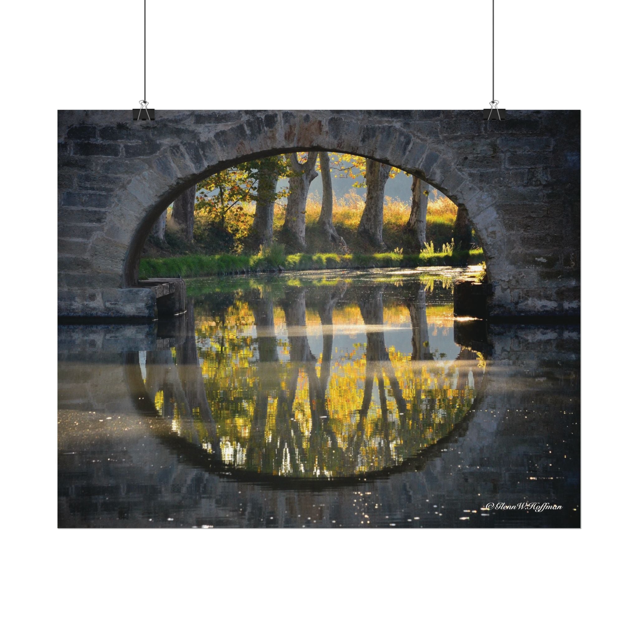 Circle Bridge Reflections, Canal du Midi - Textured Watercolor Matte Poster/Horizontal